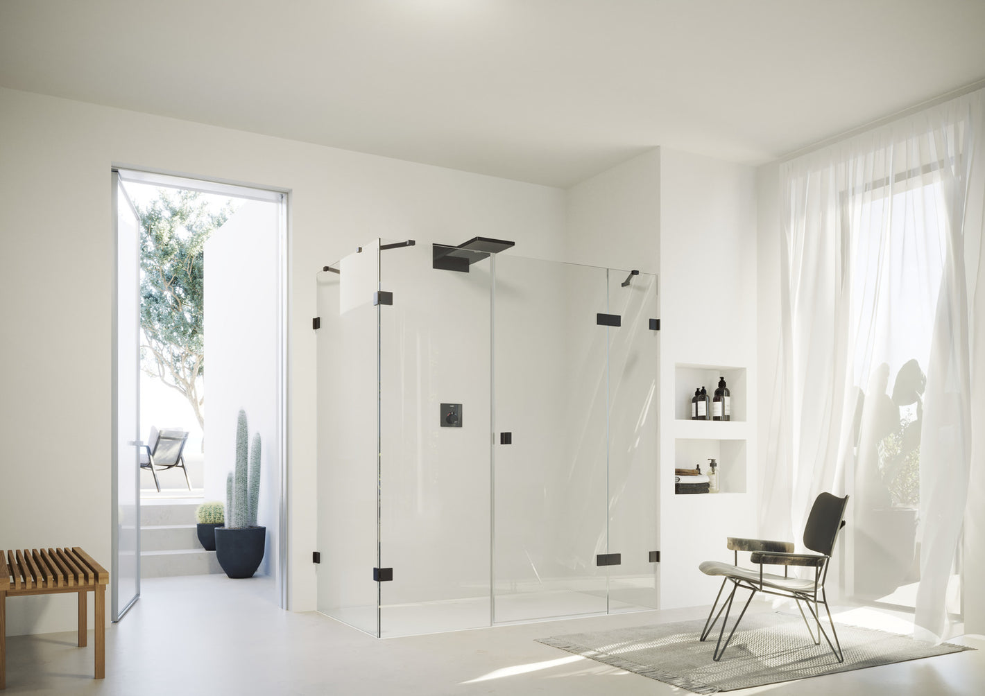 SolvaPro frameless Swing door with fixed segment, with additional section and side panel 7R16